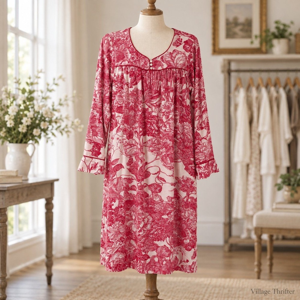 Lands' End Nightgown Womens S Red White Floral Flannel Pockets Cottagecore Cozy